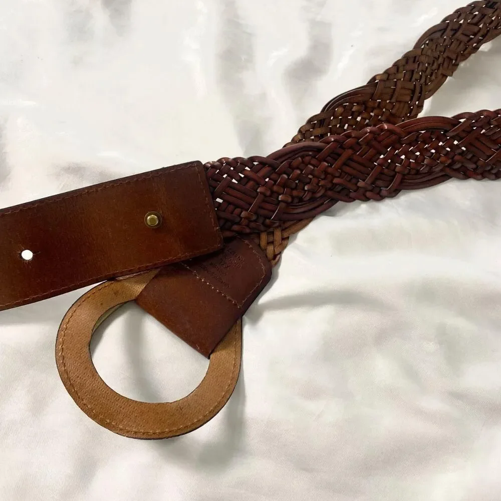 Chunky Wide Boho Braided Brown Leather Waist Belt Brassy Gold Clasp 50